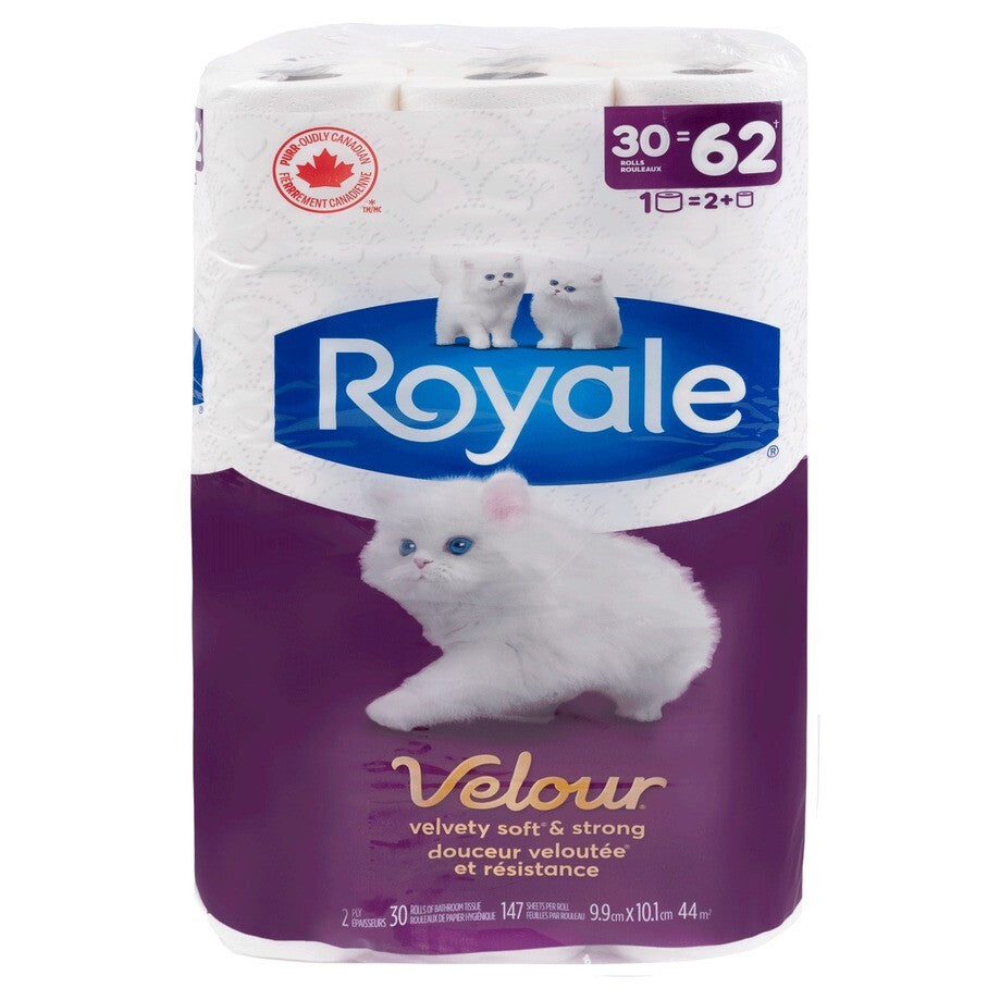 Velour Toilet Paper, 30 = 62 Rolls, 147 Bath Tissues per Roll 2 ply - Free Ship