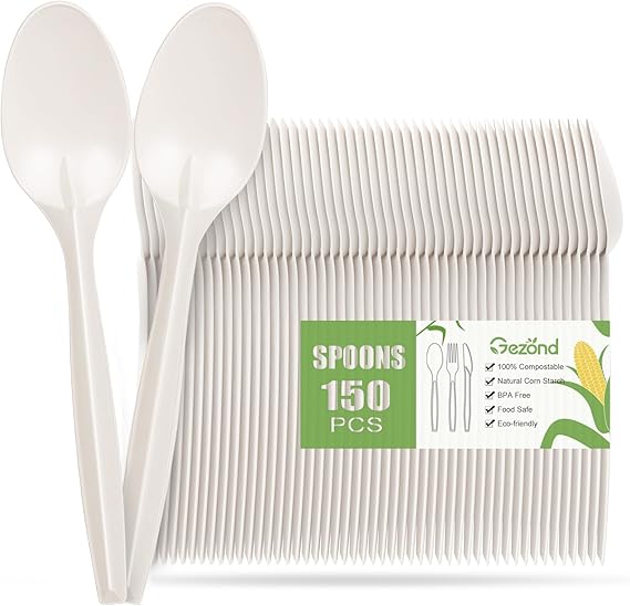 Gezond 150 Count Compostable Spoons White Heavyweight Spoons 6.7 Inch Disposable Utensils