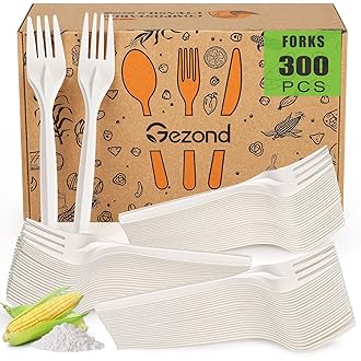 Gezond Compostable Forks 300 Pack White Heavy-Duty Forks Disposable Cutlery Set 7 Inch