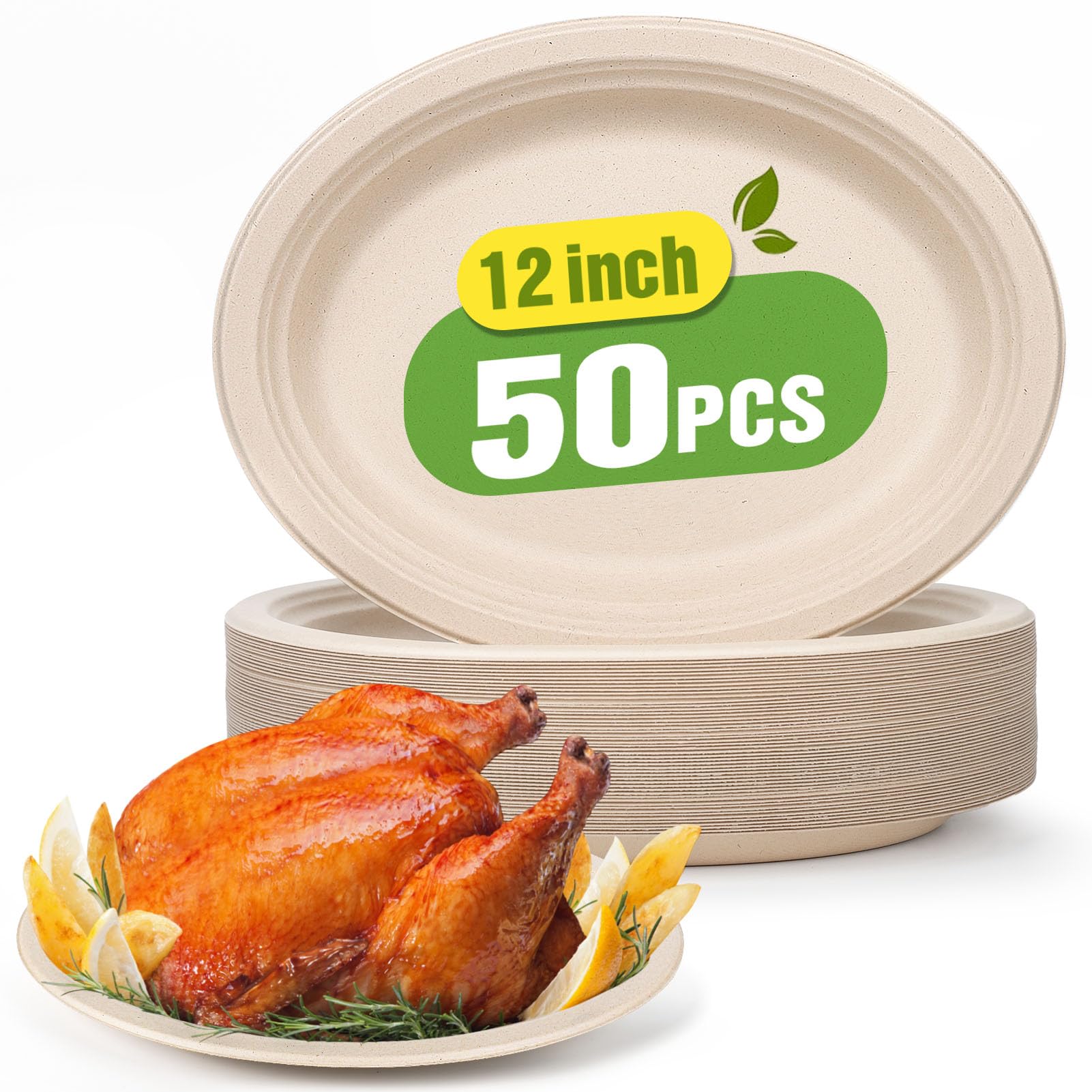 Gezond 100% Compostable Oval Paper Plates 12 Inch 50 Pack Large Disposable Plates