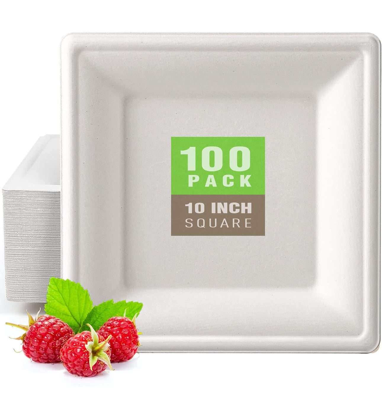 Gezond Compostable Square Plates 10 Inches, 100pcs Disposable Paper Plates